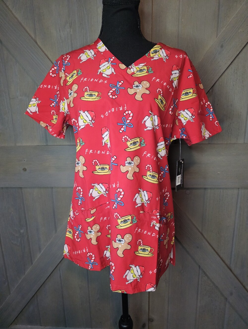 Nwt Friends Christmas Print V-Neck Scrub Top sz Small
